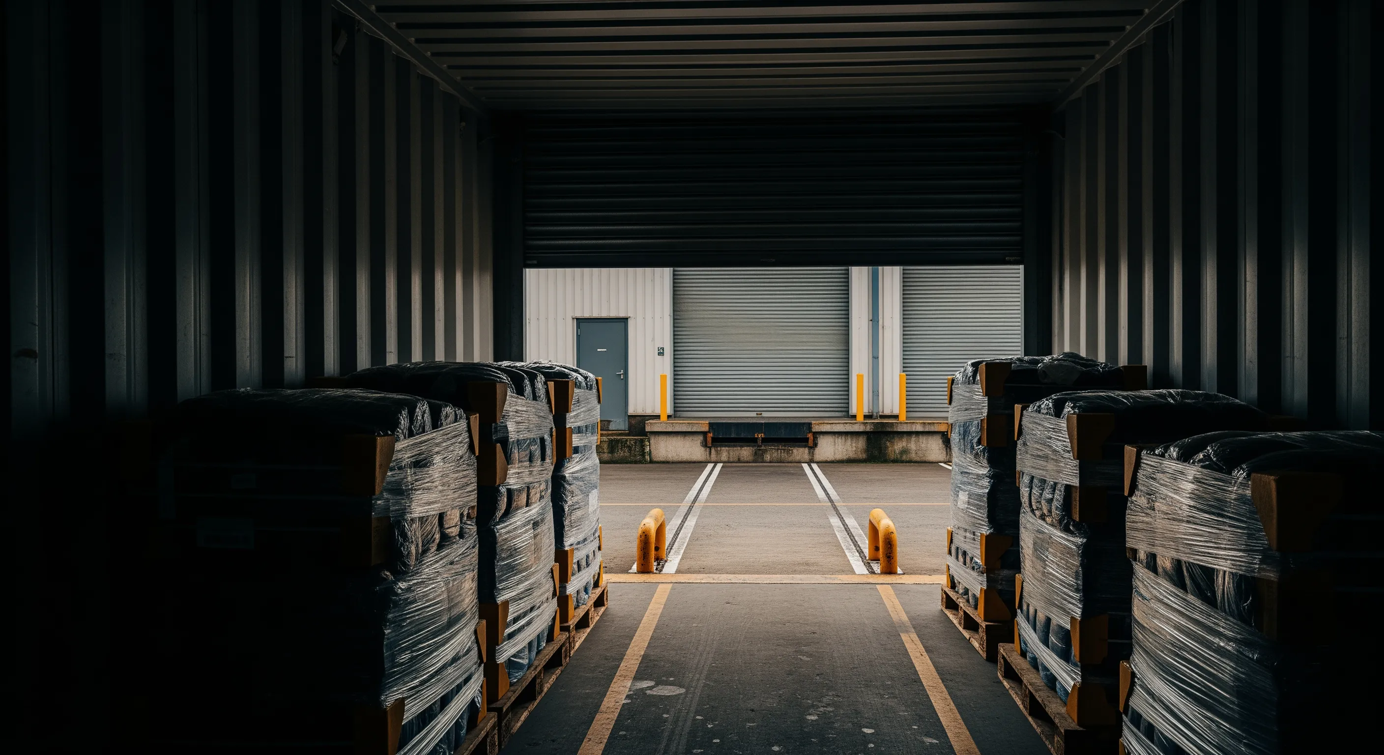 Inside shipping container looking out to a loading bay with wrapped clothing bales on pallets ready for export in Birmingham