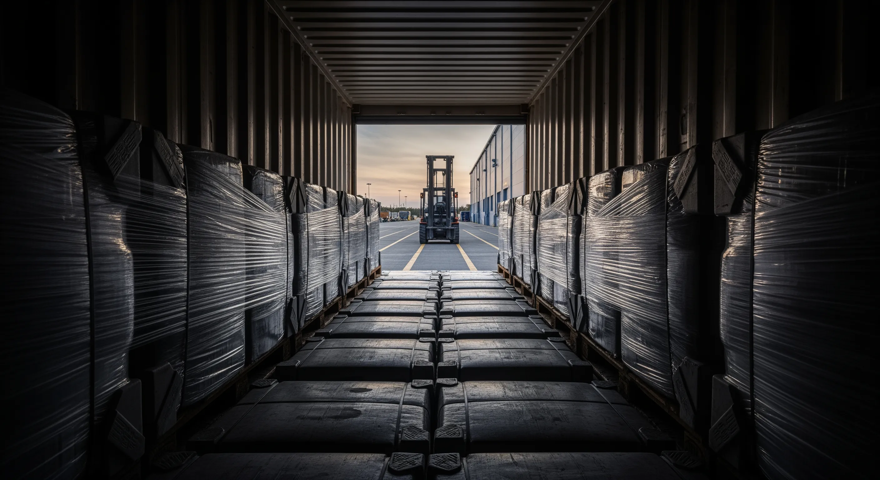 Inside shipping container view looking out to dock leveler with wrapped bales on pallets under moody light