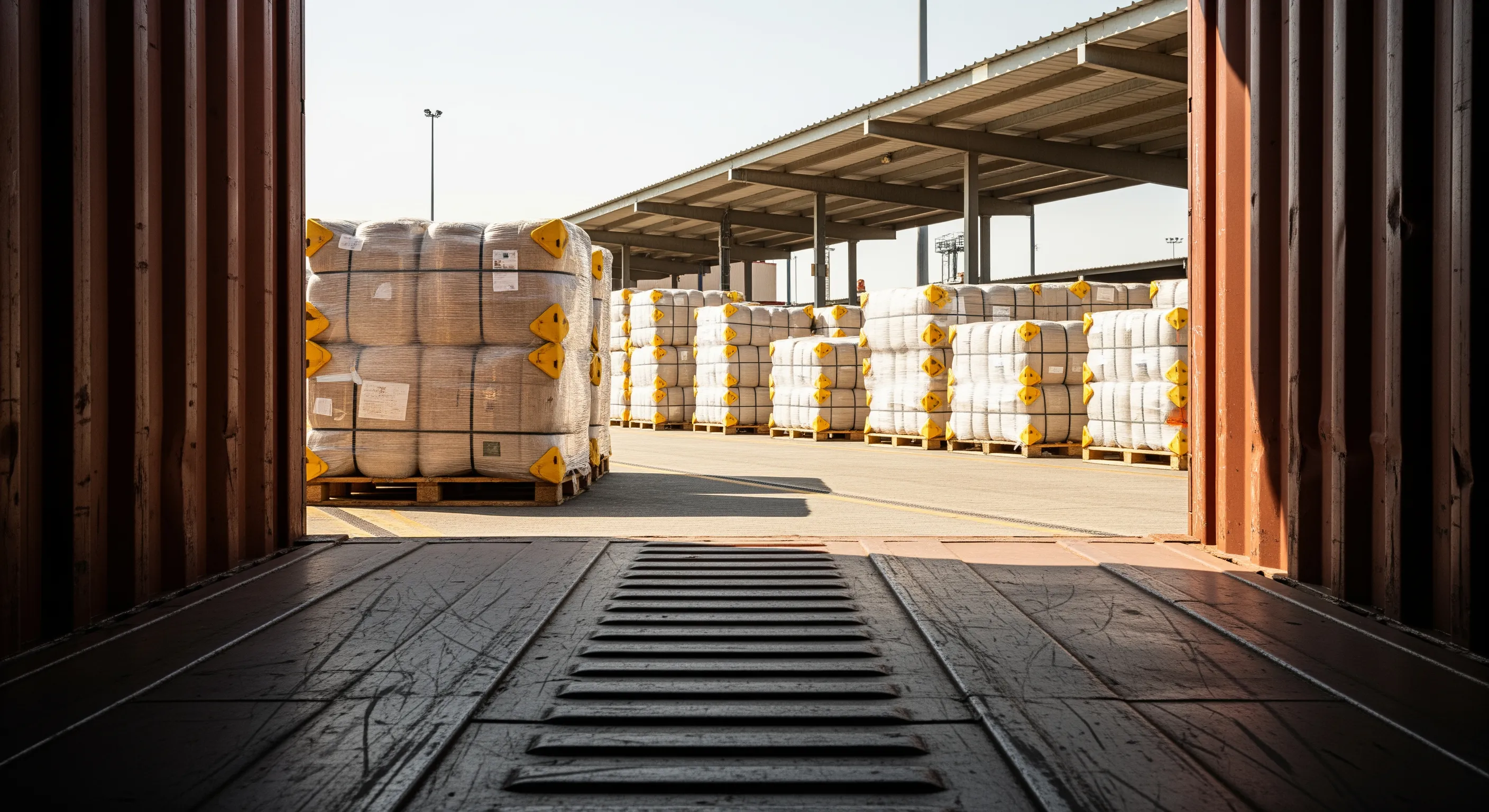 Inside a shipping container looking out to a loading dock with wrapped textile bales lined on pallets, ready for export in a logistics warehouse