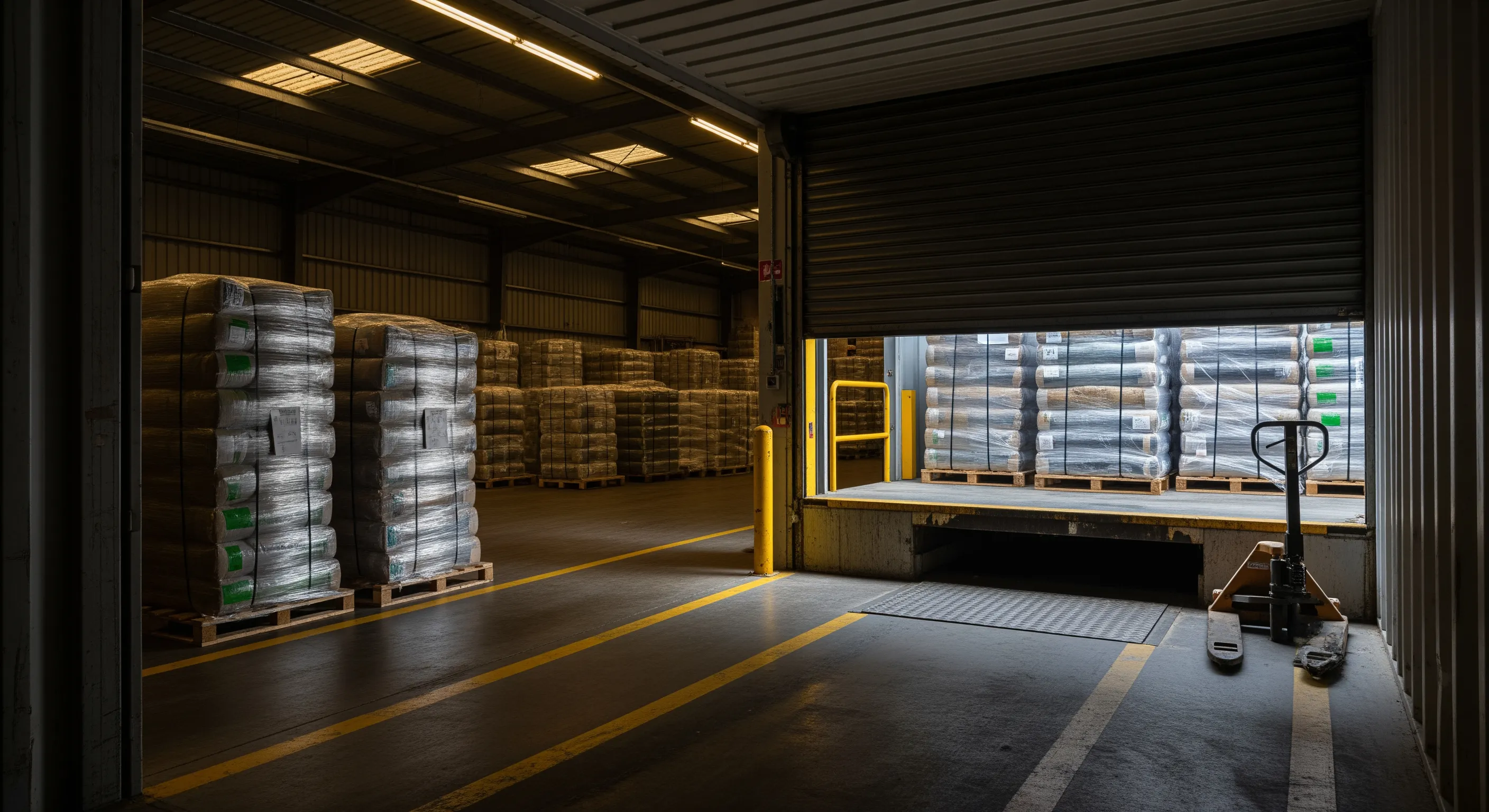 Container interior looking out to dock with neatly stacked wrapped textile bales on pallets ready for export