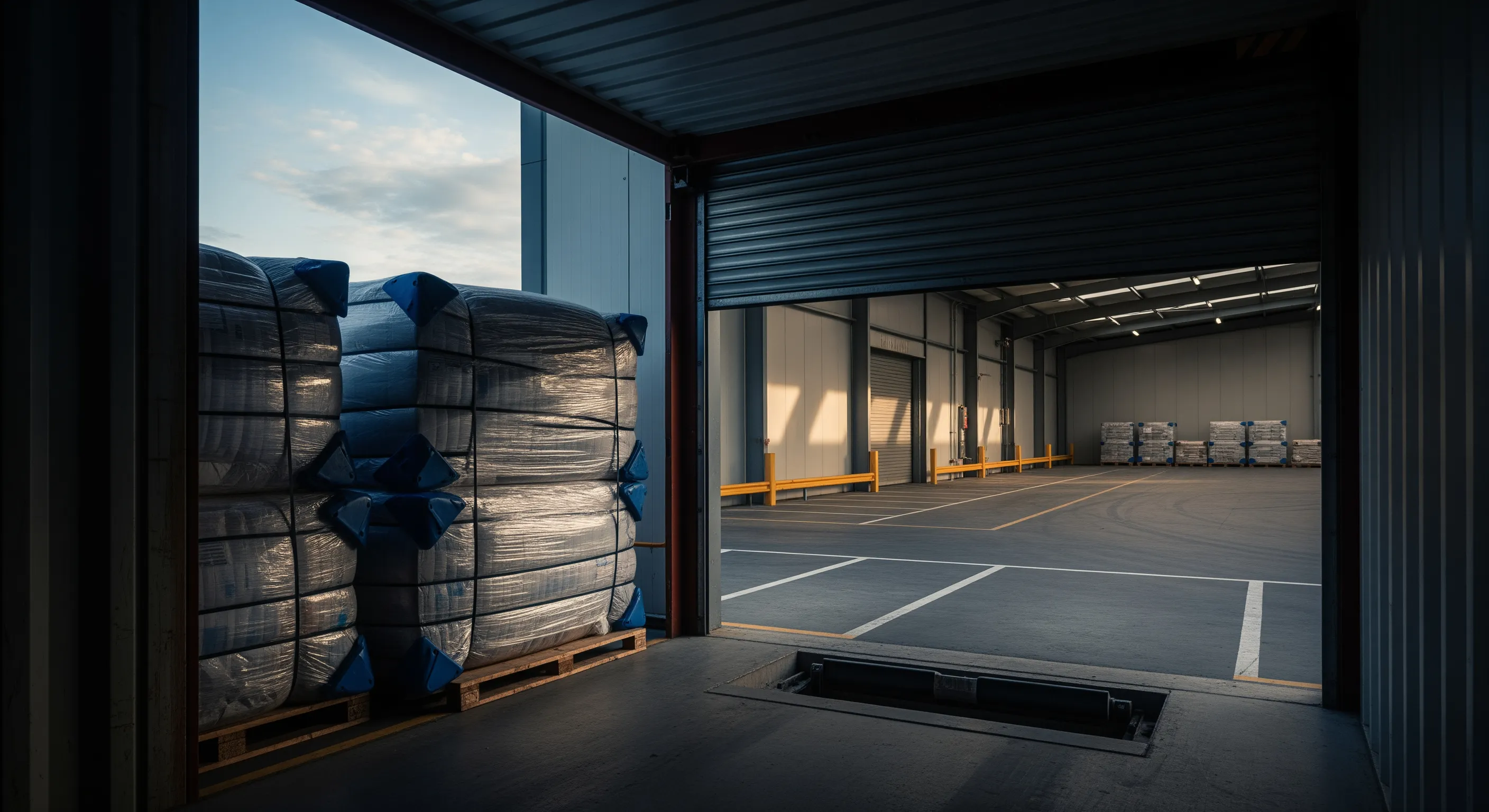 Low-angle view from inside an export container showing wrapped textile bales ready for shipment at dock bay during dusk