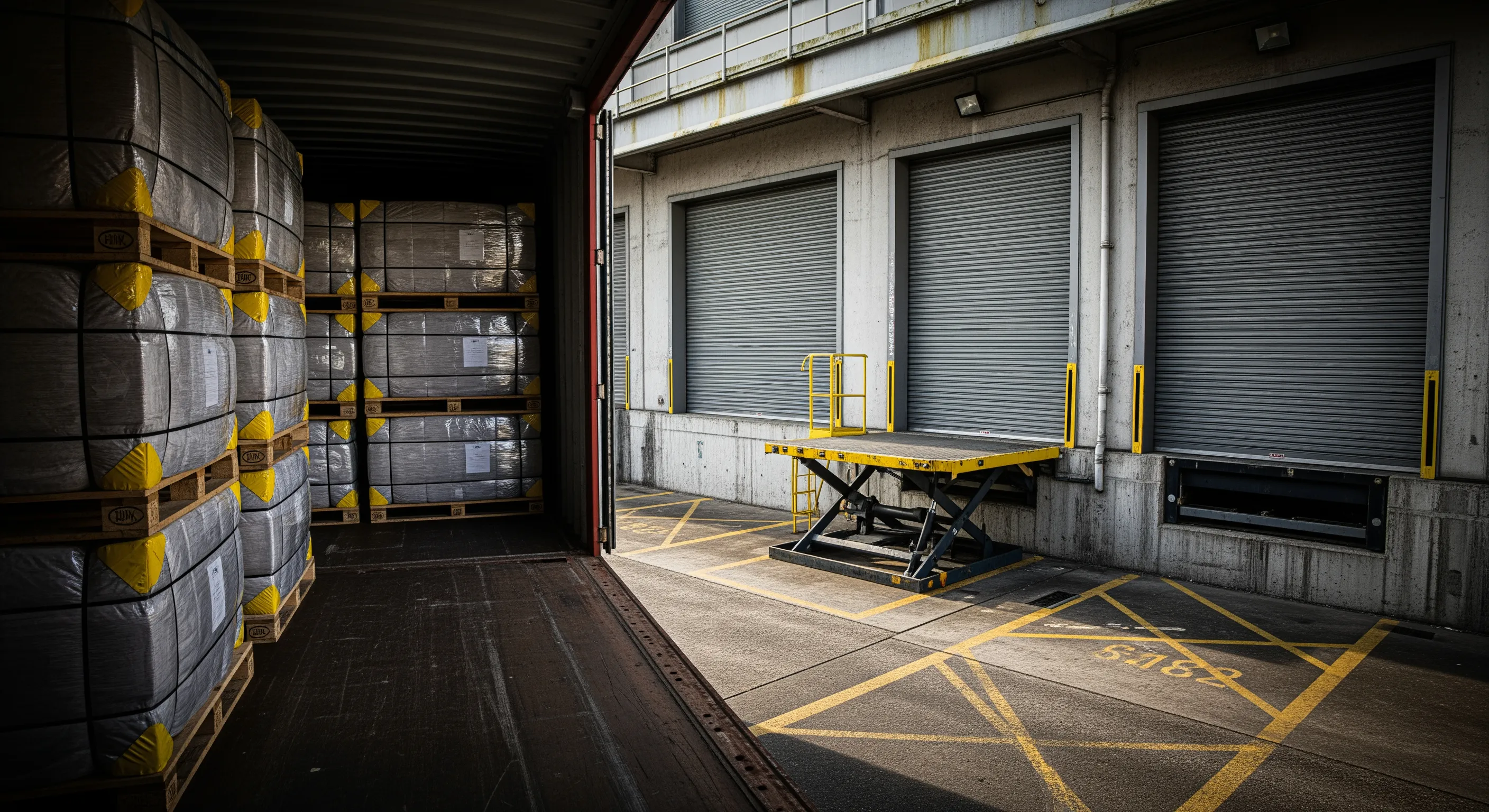 Low-angle view from inside a shipping container filled with wrapped bales of second-hand clothes, looking out to a loading dock with roller doors and a dock leveler bathed in soft afternoon light.