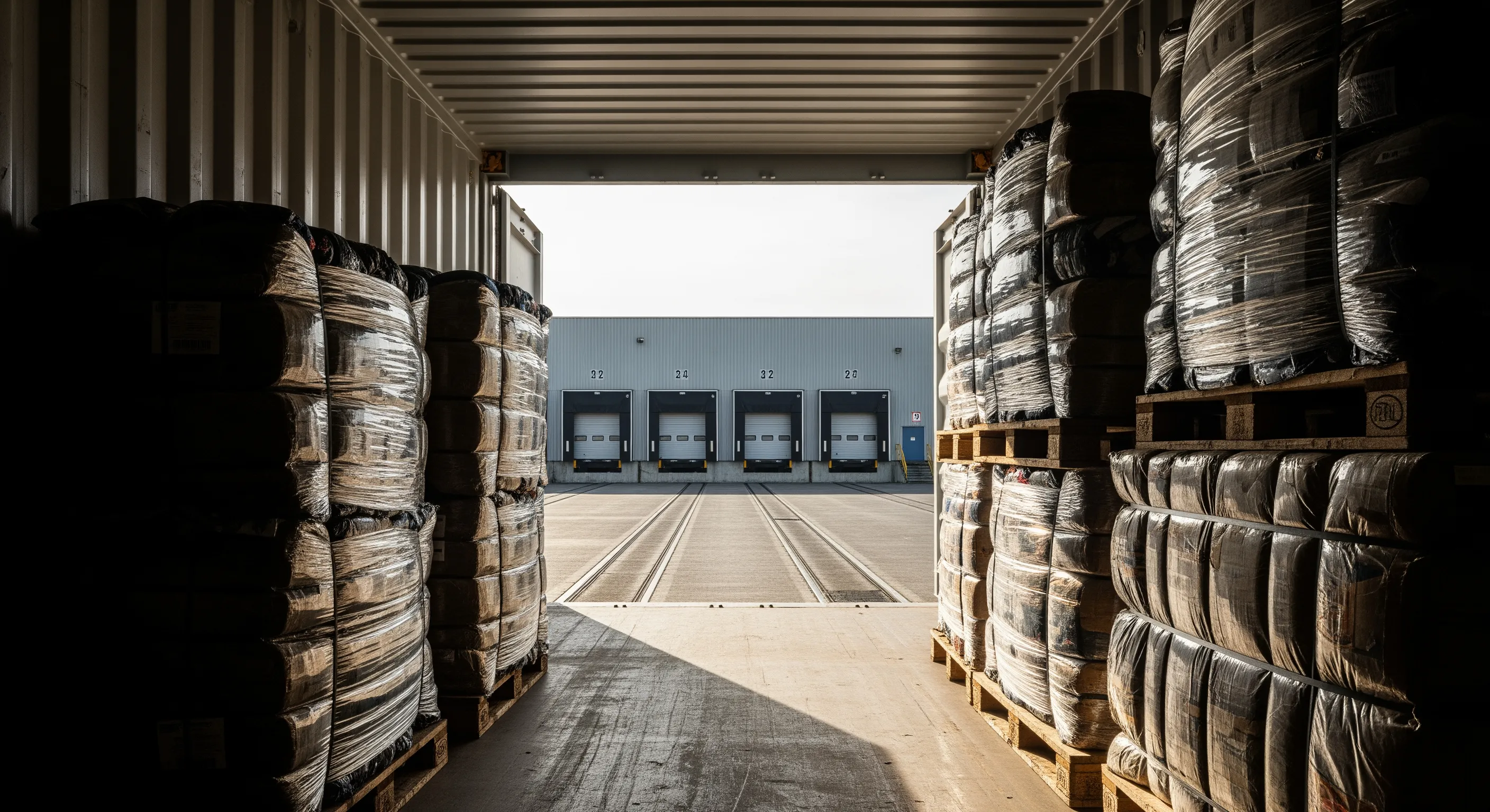 Inside a shipping container looking out to a loading bay with wrapped textile bales on pallets ready for export shipment