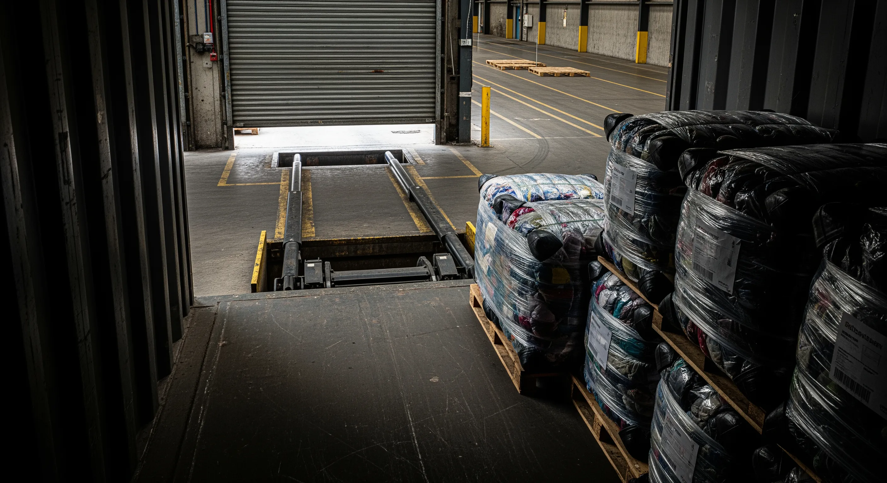 Inside view of a shipping container at a Manchester loading bay with wrapped bales of used clothes ready for export