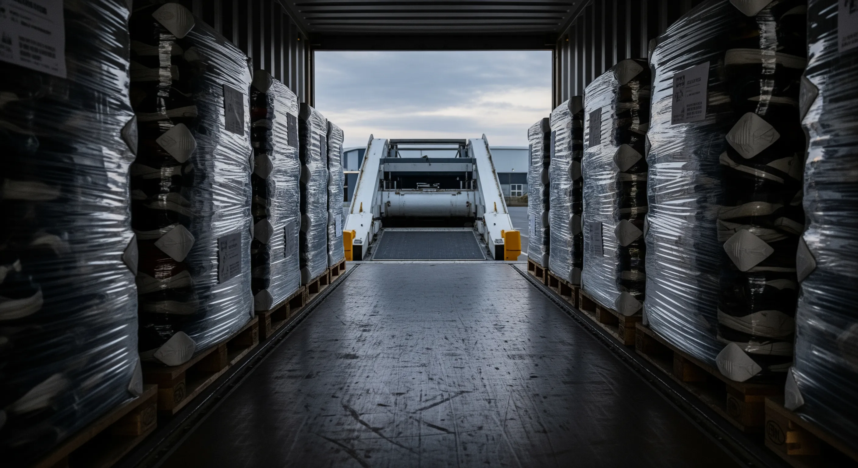 Inside a shipping container looking out at a dock with wrapped bales of used shoes prepared for export at dusk.