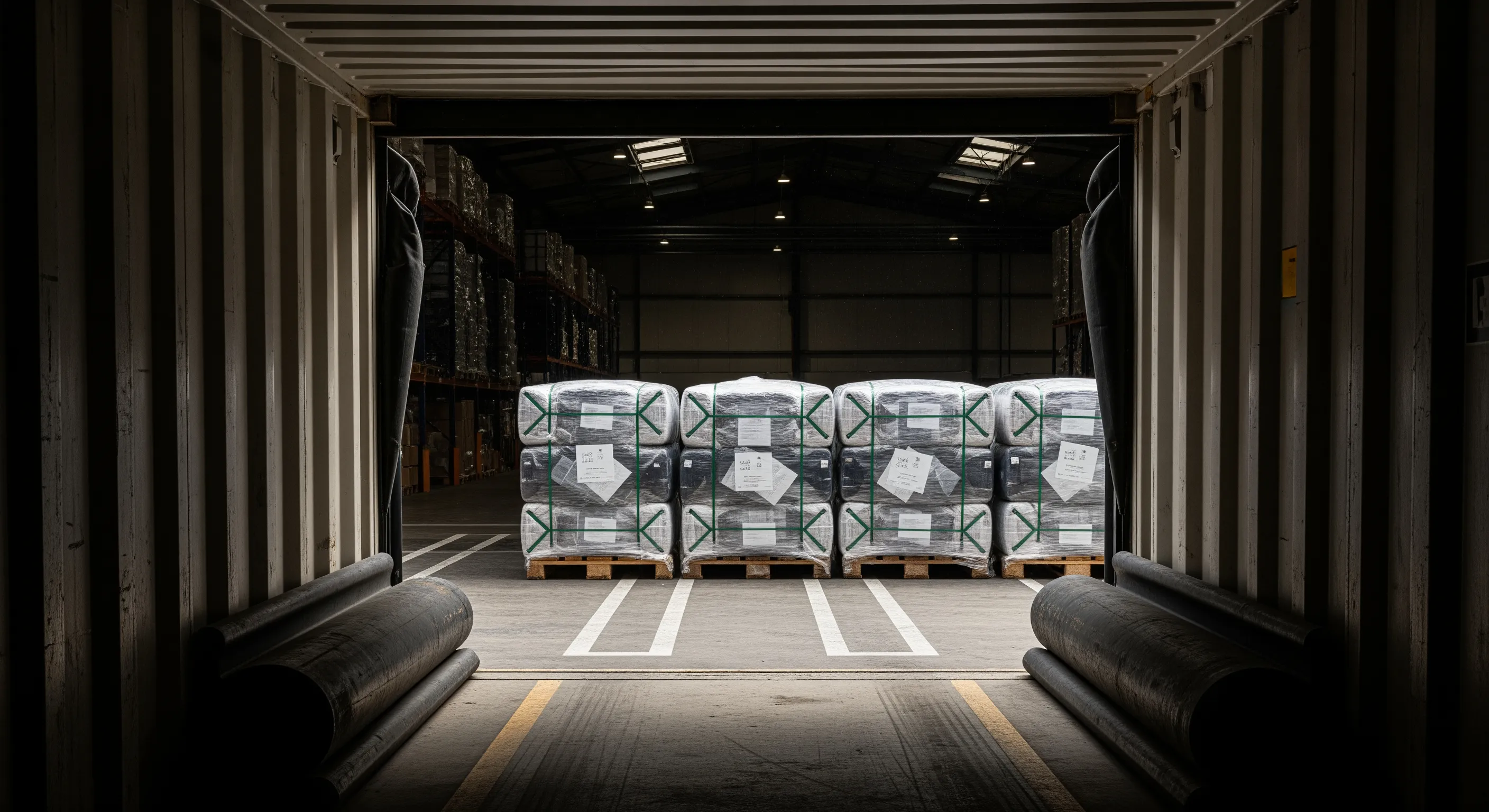 Low-angle perspective from inside a shipping container looking out to a warehouse dock with wrapped pallets and bales ready for export.