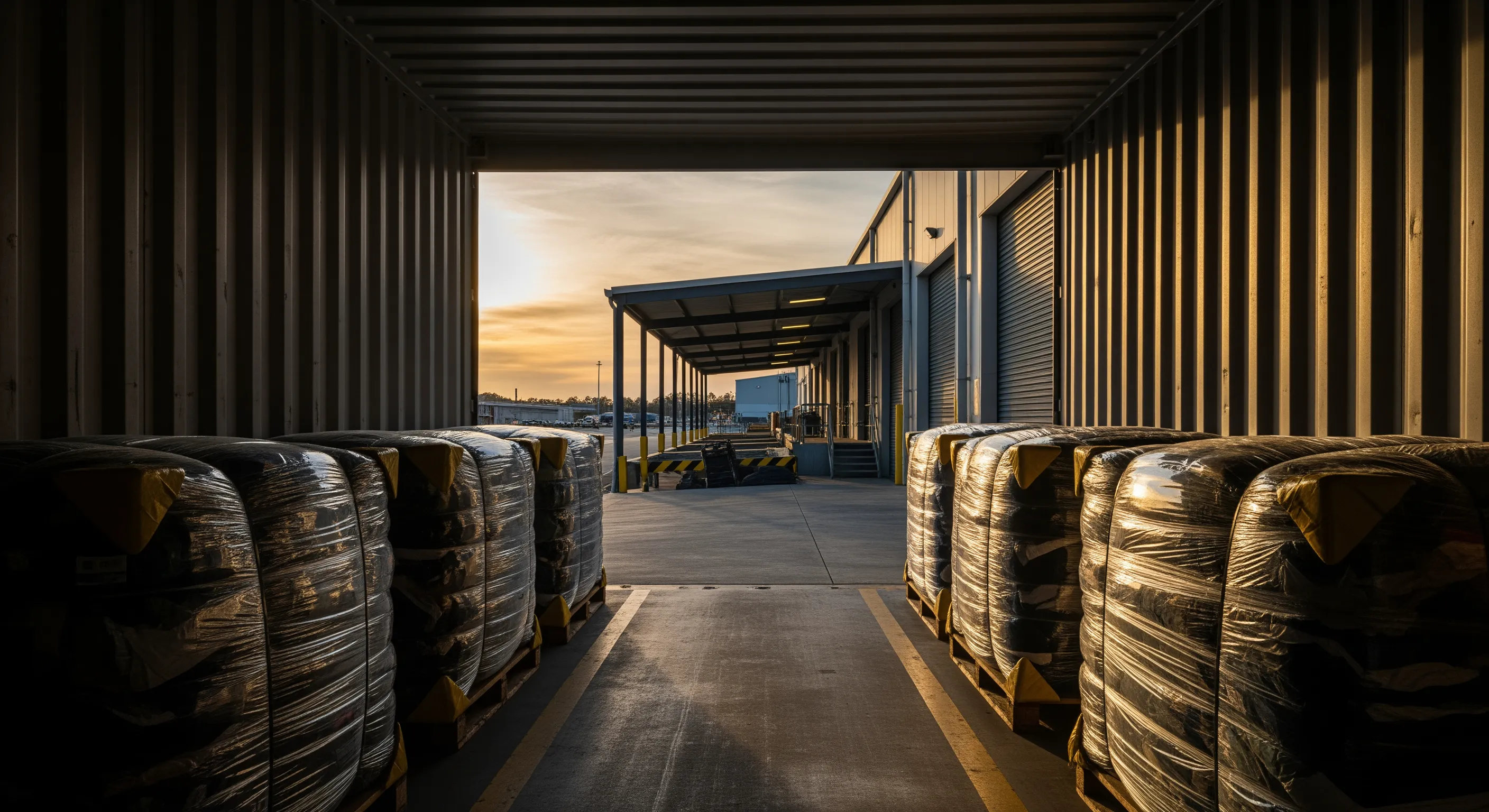 Low-angle perspective from inside a shipping container looking out to a dock with wrapped bales and pallet staging in evening light.