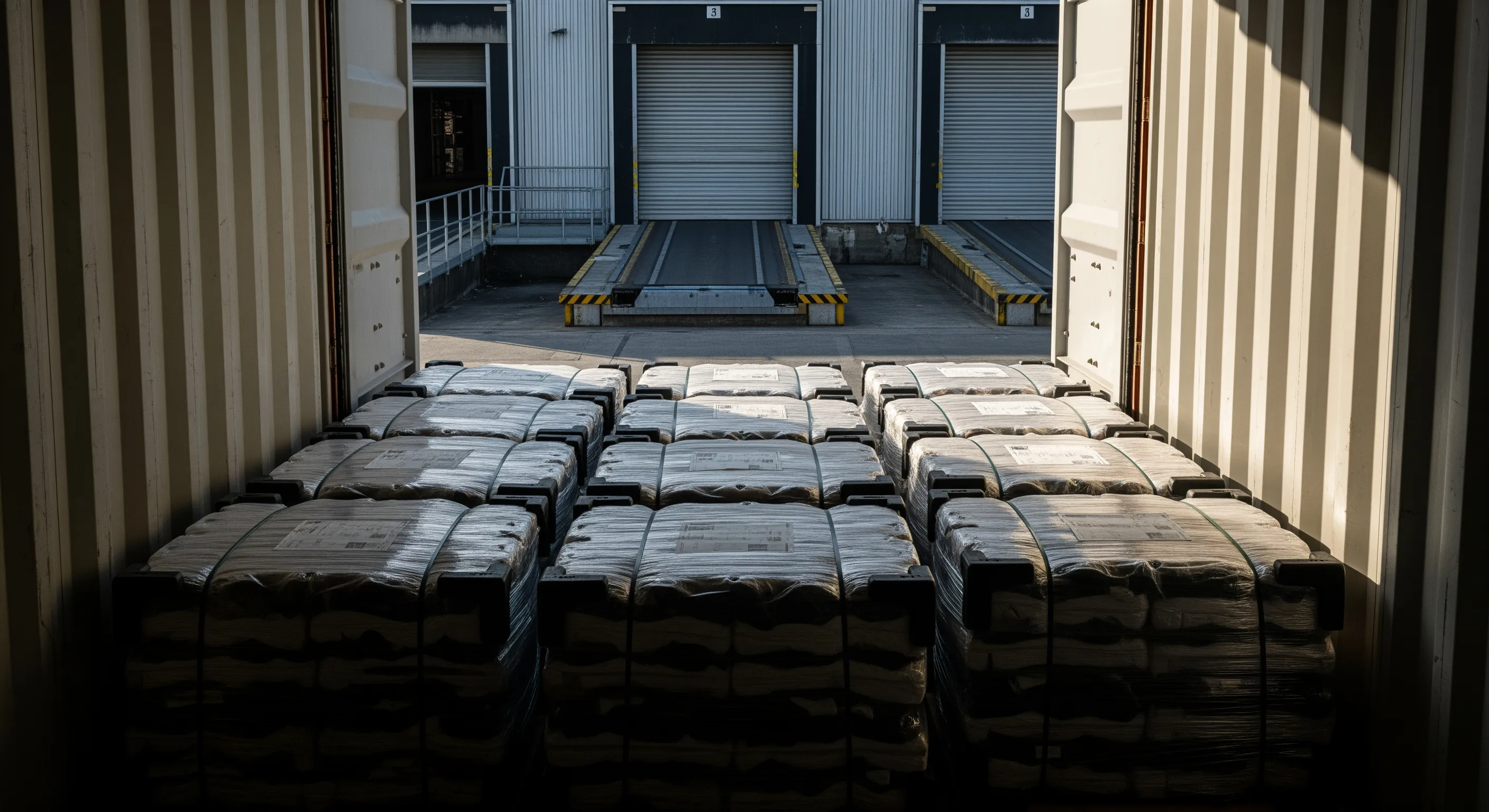 View from inside container toward dock showing wrapped bales of used mens shoes ready for export under moody ambient light