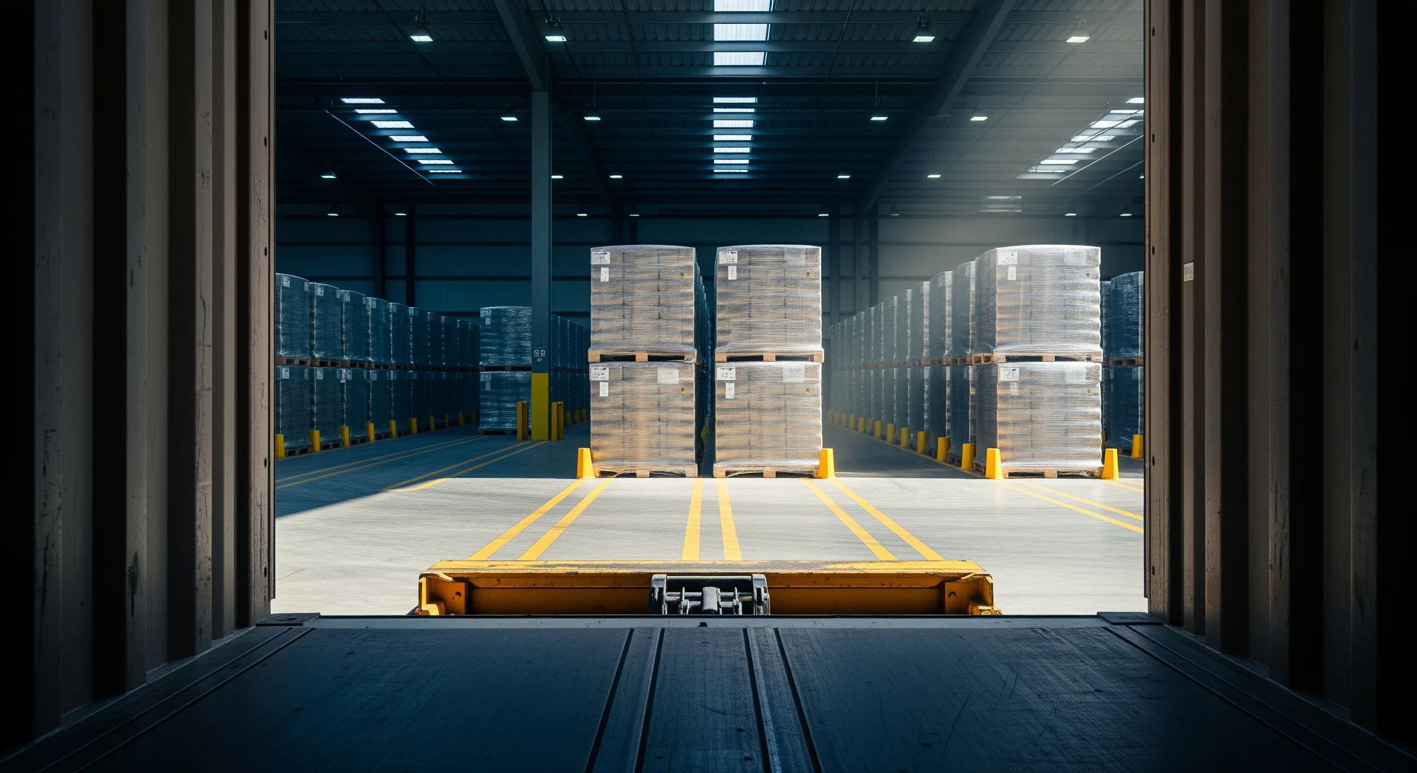 Low-angle view from inside a shipping container looking out to a dock with palletized wrapped bales positioned for export in a warehouse