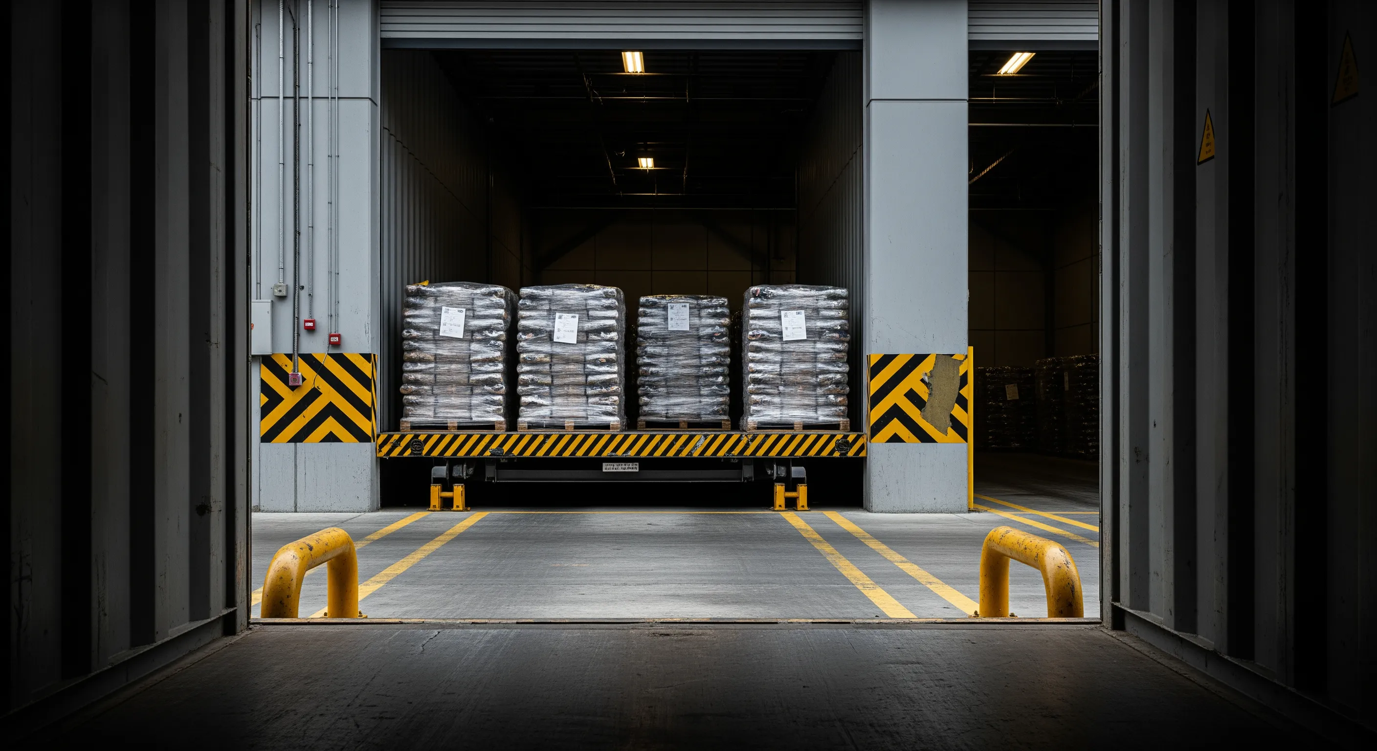 Low-angle perspective from inside a shipping container looking out to loading bay with pallets of wrapped used shoe bales ready for export