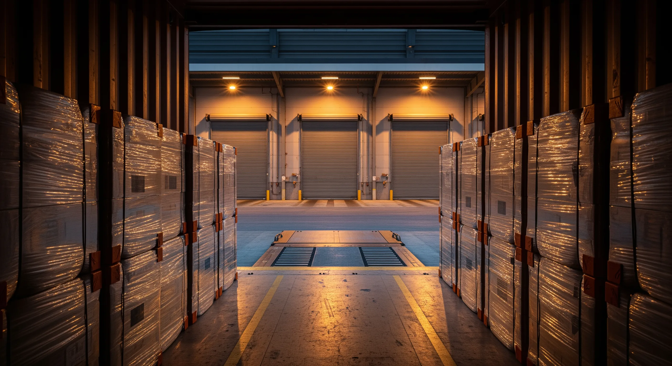 Inside a shipping container looking out to a loading bay with neatly stacked wrapped bales prepared for export under moody lighting.