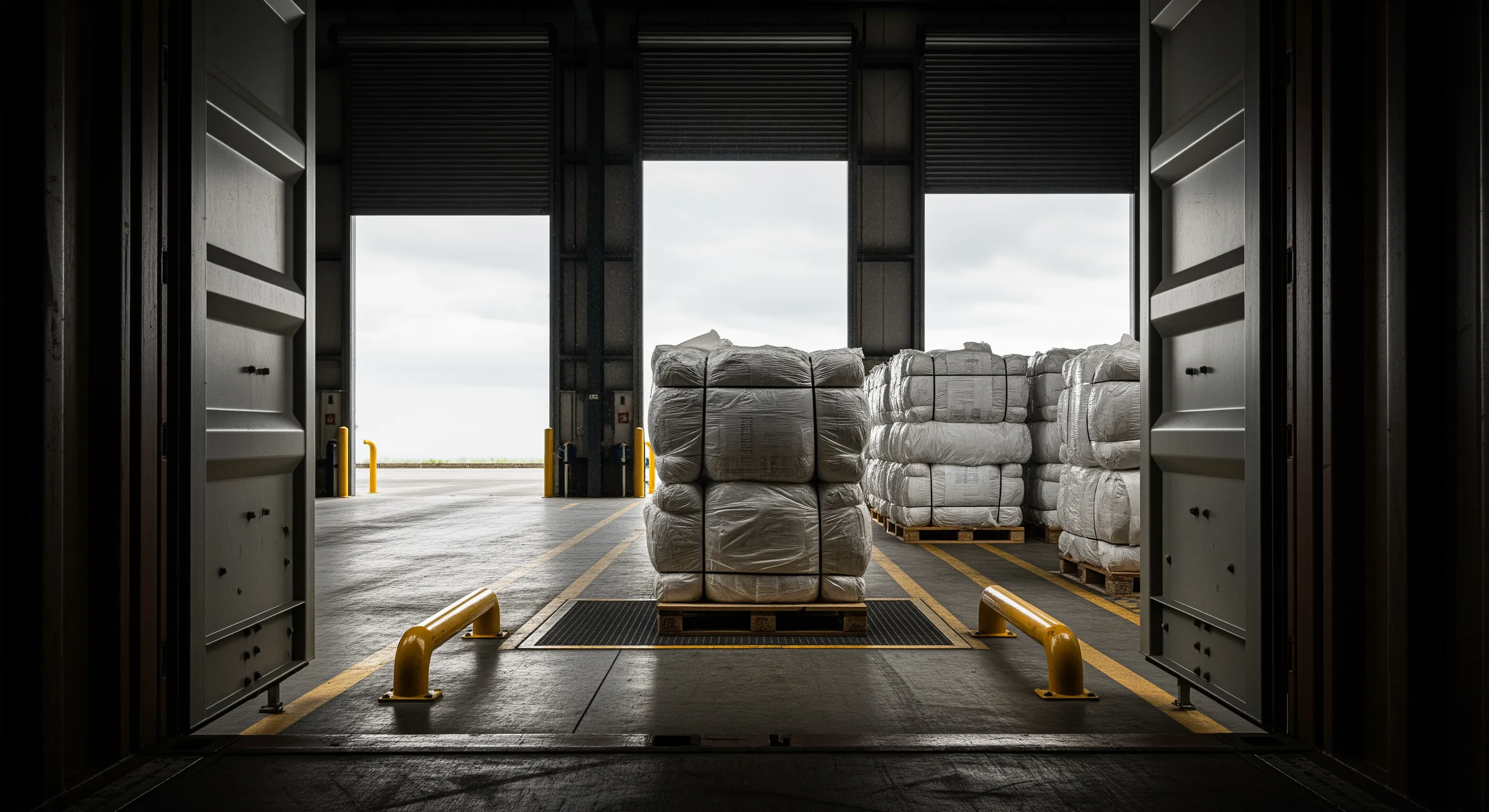 View from inside shipping container looking out to dock area with wrapped bales staged for export delivery under natural moody lighting.