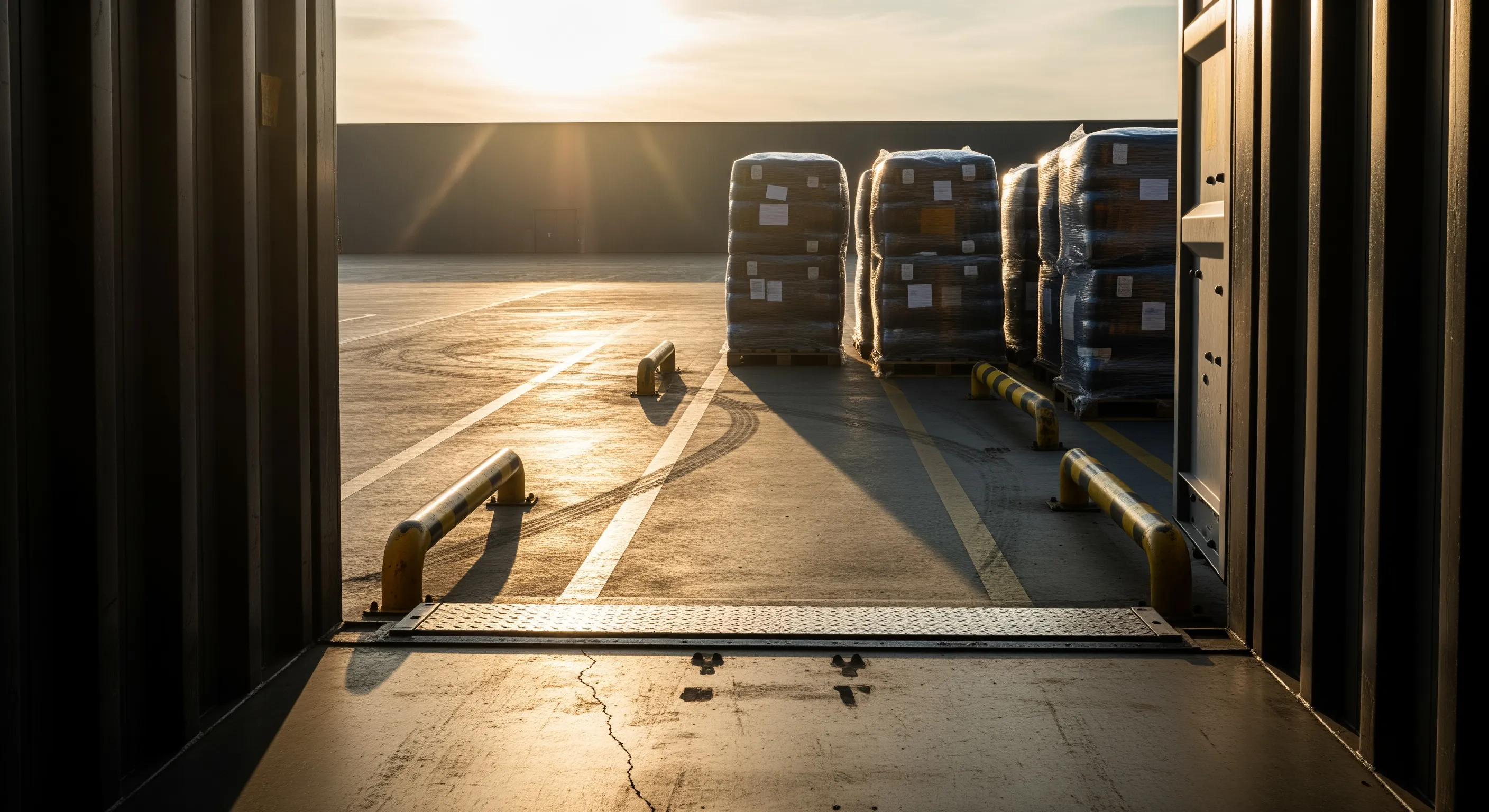 Inside shipping container looking out to loading dock with aligned wrapped bales on pallets and dock leveler in soft evening light