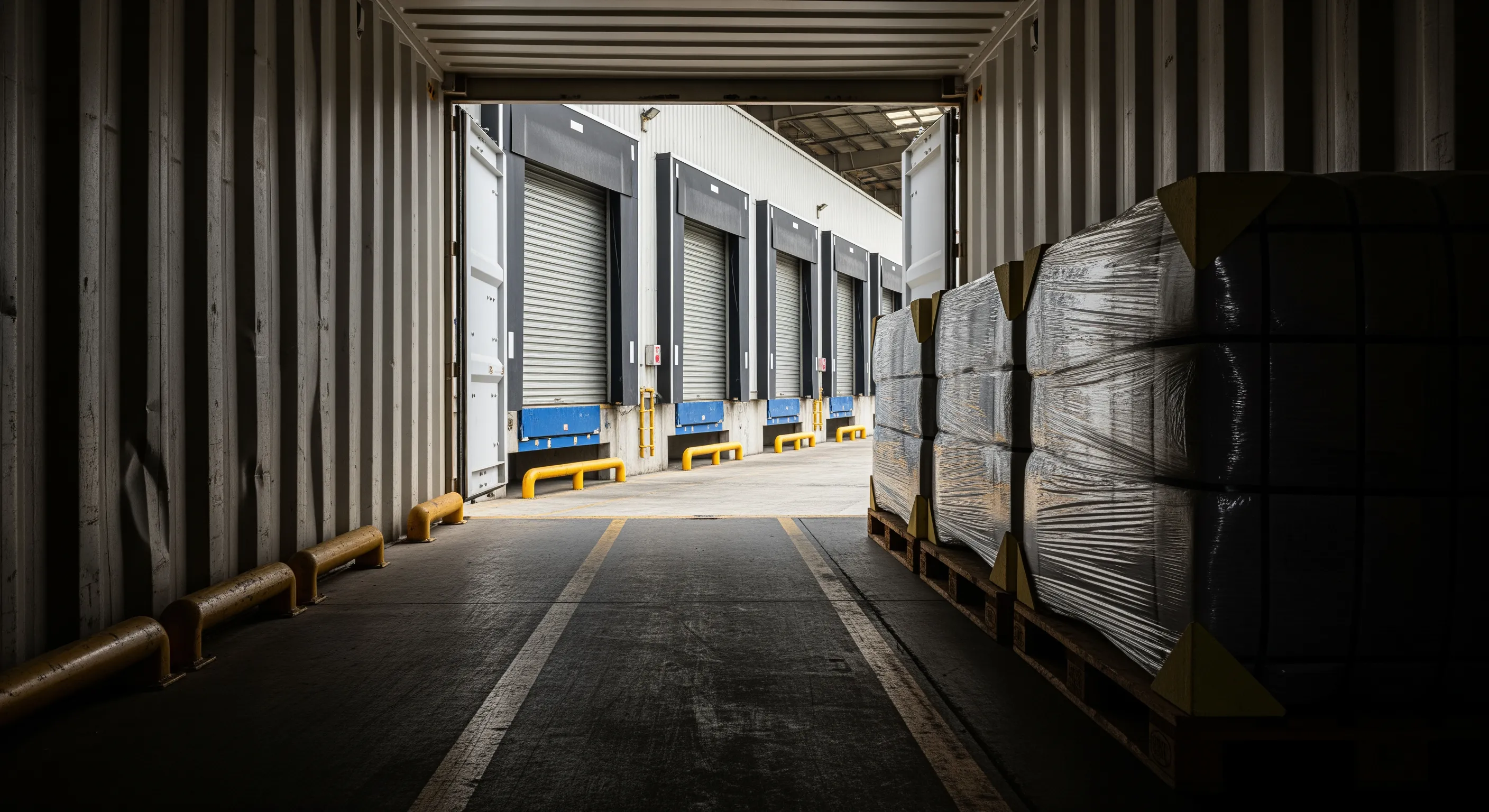 Low-angle inside shipping container looking out toward loading dock with wrapped textile bales on pallets and dock levelers under moody lighting