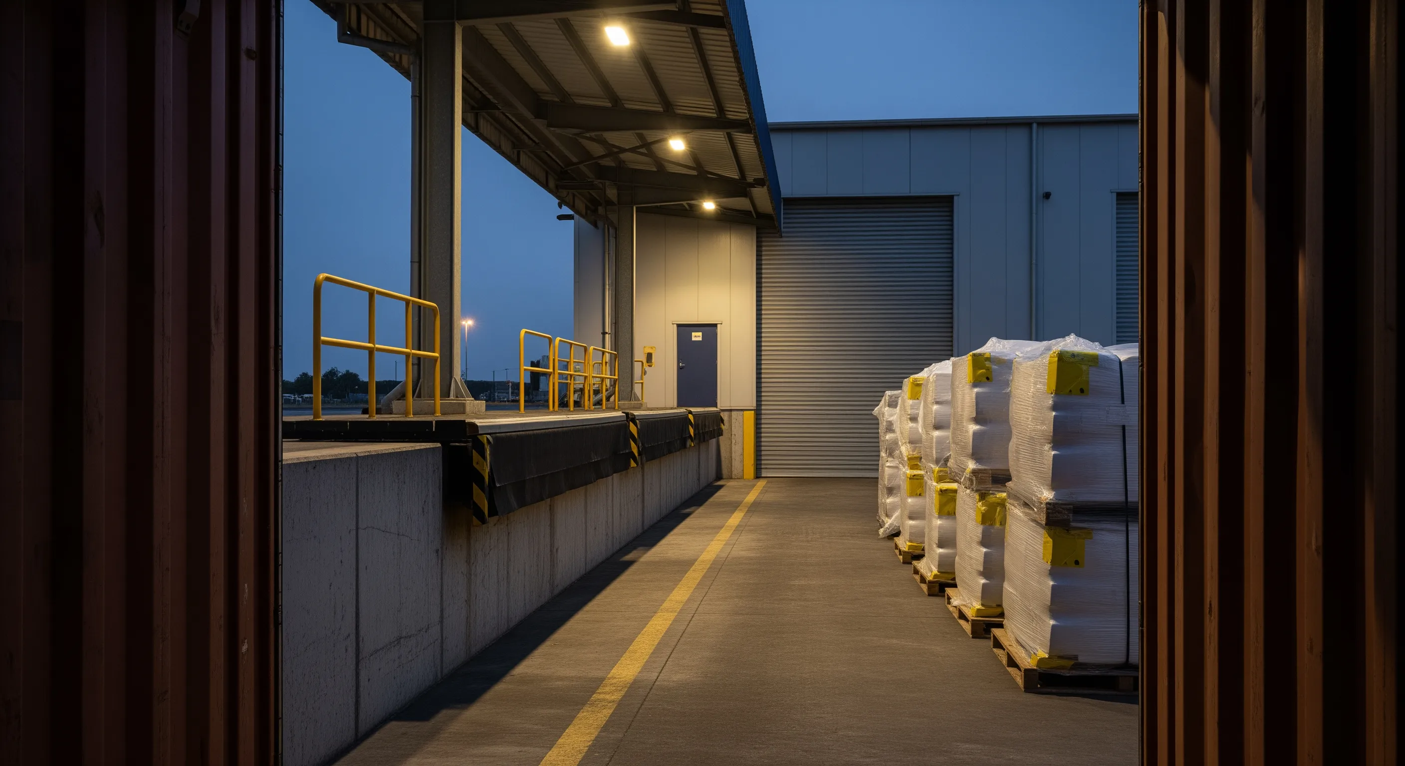 Low-angle view from inside a shipping container showing wrapped bales on pallets staged at a dock loading bay under moody lighting.