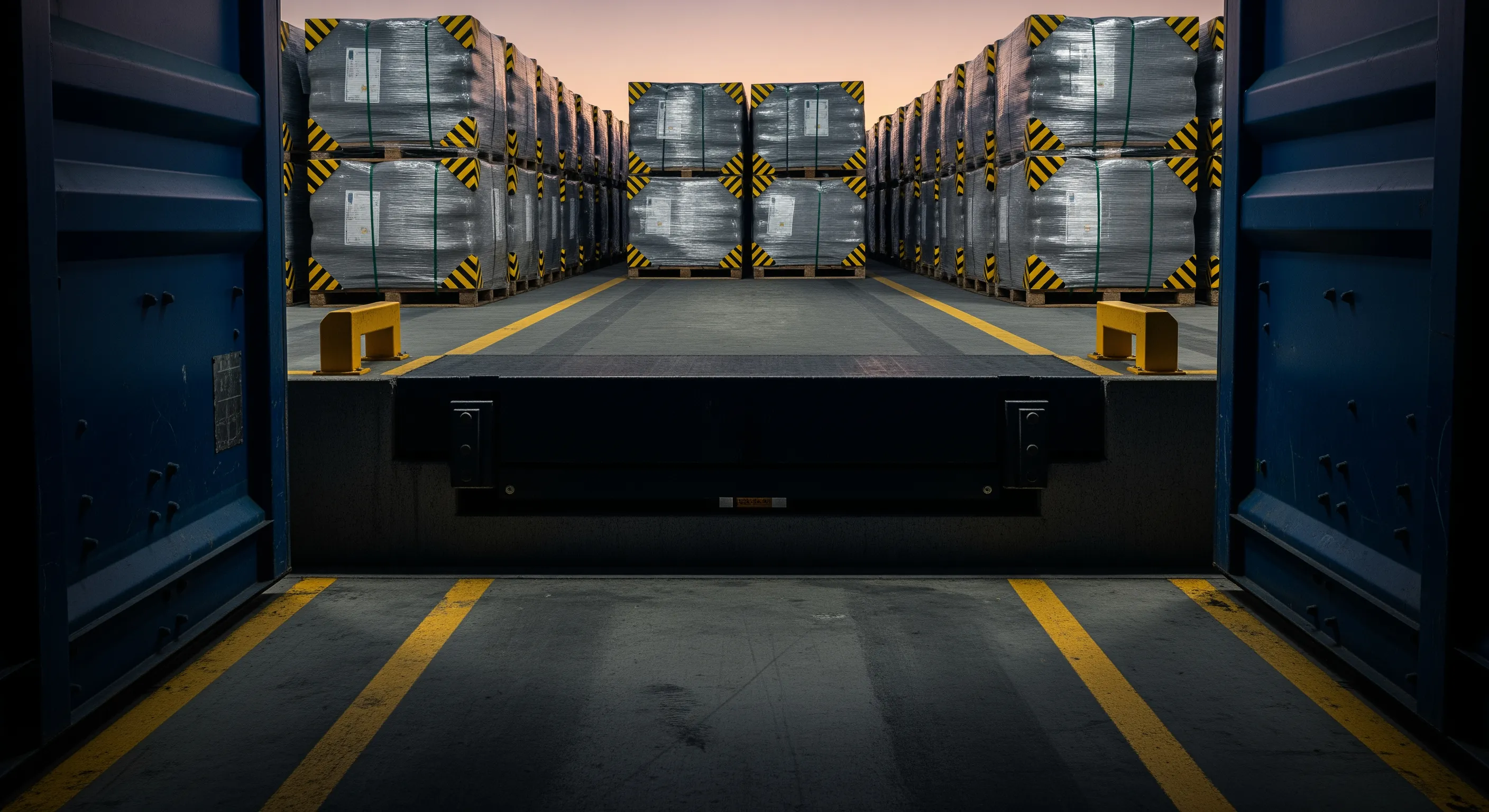 Interior view from container looking out at dock leveler with wrapped bales on pallets and corner protectors ready for export in moody evening light.