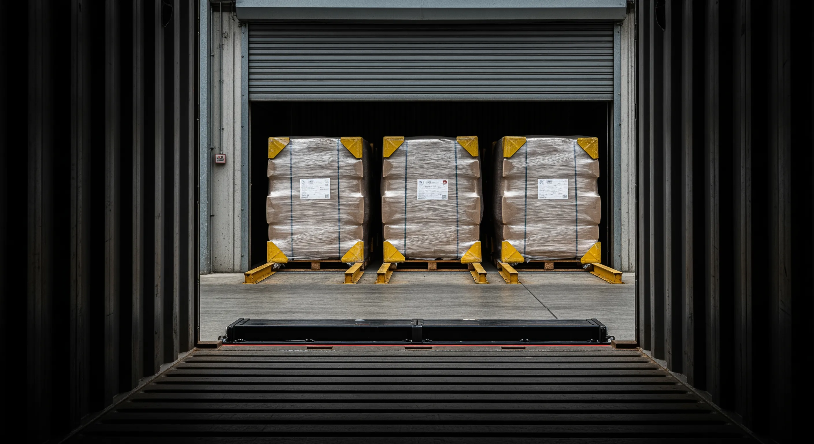 View from inside a shipping container looking out to a loading bay with multiple palletized bales staged for export under moody lighting.